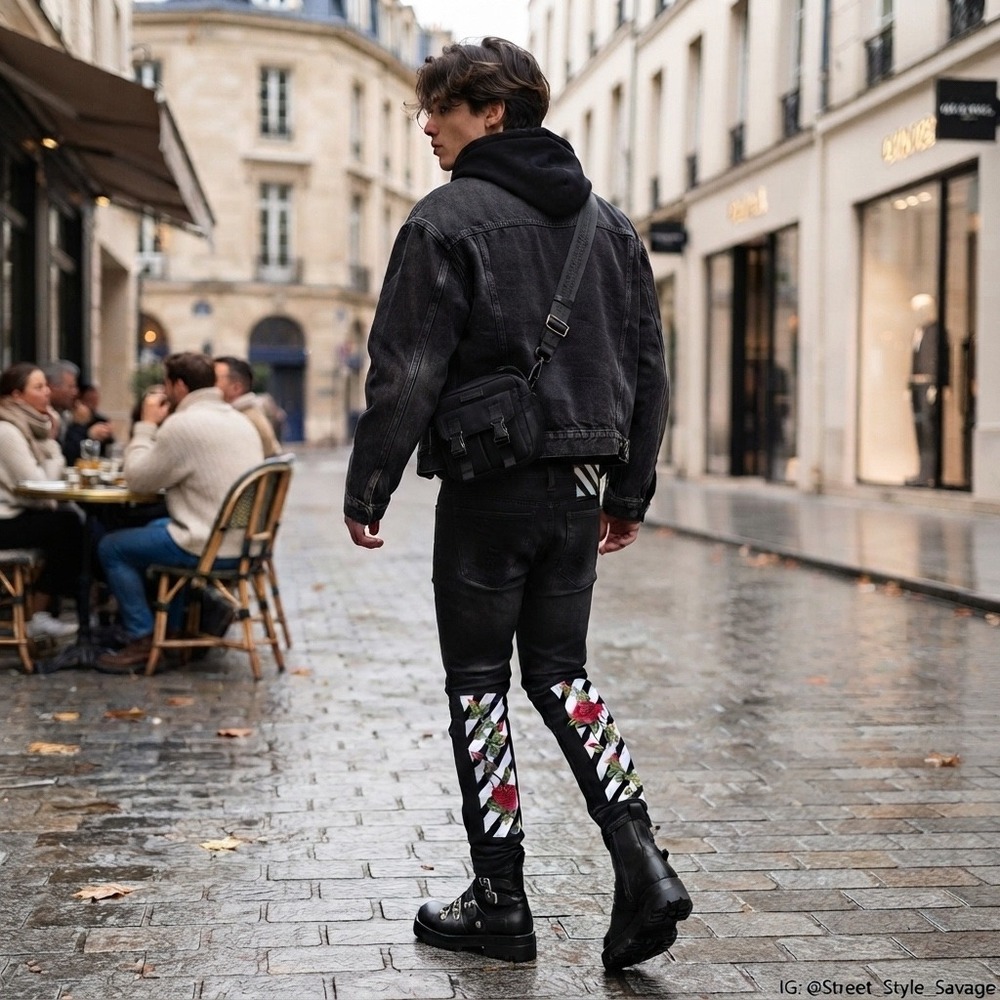 Off-White Virgil Abloh Black Distressed Rose Embroidered Jeans Mens 28x26.5